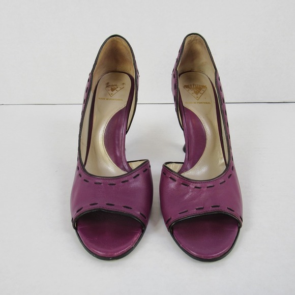 John Fluevog Hepburn Purple Leather Black Stitching Pumps Heels Open Toe - Picture 10 of 13